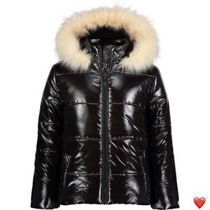 Hudson Kids Puffer Jacket Girls XL (16) High Gloss Deep Black Faux Fur New NWT